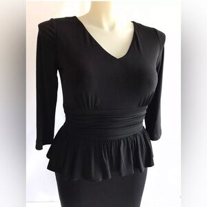 Eliza J Little Black Peplum Pencil Dress Size 10 V-Neck Ruched Waist 3/4 Sleeves